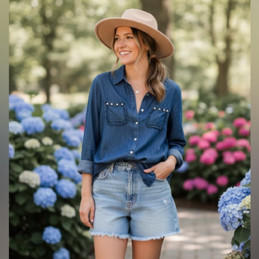 slim fit denim blouse with pearls